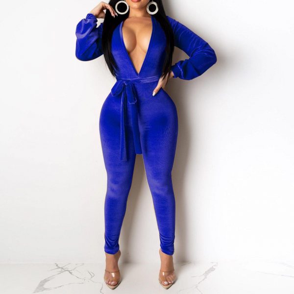 V Neck Sashes Jumpsuit for Women Solid Long Sleeve Back Cut Out Slinky Rompers Womens Jumpsuit Club Outfits - Takalr