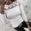 Sexy White Lace Floral Off Shoulder Tshirt Women Clothes Long Sleeve O Neck Tees Mesh See Through Tops Bodycon Shirts Streetwear - Takalr