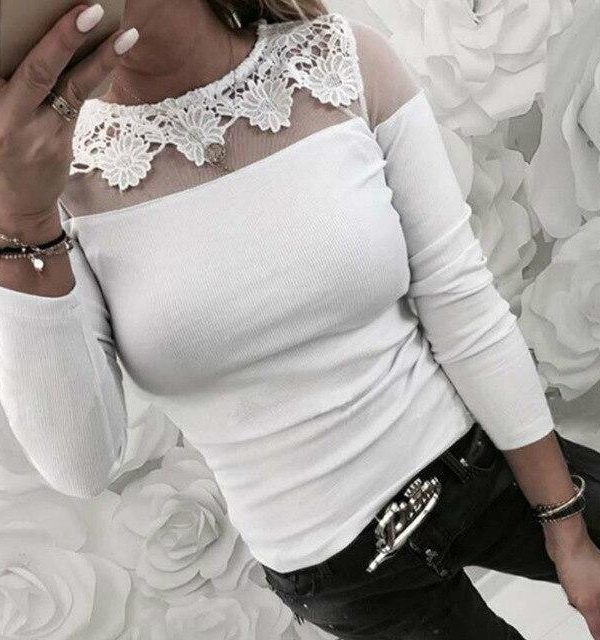 Sexy White Lace Floral Off Shoulder Tshirt Women Clothes Long Sleeve O Neck Tees Mesh See Through Tops Bodycon Shirts Streetwear - Takalr