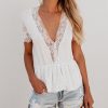 Sexy White Lace Patchwork Short Sleeve Deep V Neck Tshirt Elegant Women Clothes Slim Tunic Shirts Casual Tops Fashion Streetwear - Takalr