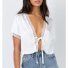 Sexy White Lace T Shirt Women Clothes V Neck Shirts Open Stitch Lace Up Tshirt Summer Crop Top Short Sleeve Casual Streetwear - Takalr