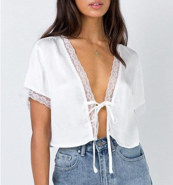 Sexy White Lace T Shirt Women Clothes V Neck Shirts Open Stitch Lace Up Tshirt Summer Crop Top Short Sleeve Casual Streetwear - Takalr