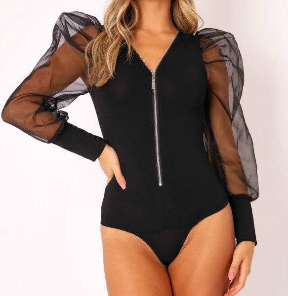 Sexy Women Bodysuit Long Sleeve Skinny Women Overalls Fashion Mesh See Through Solid Color Zipper Puff Sleeve Women Bodysuit - Takalr