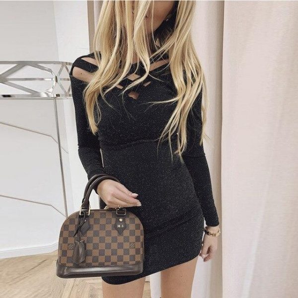 Sexy Women Dress Round Neck Solid Color Hollow Out Skinny Long Sleeve  Sexy Dress Bodycon Dress Women Club Wear - Takalr