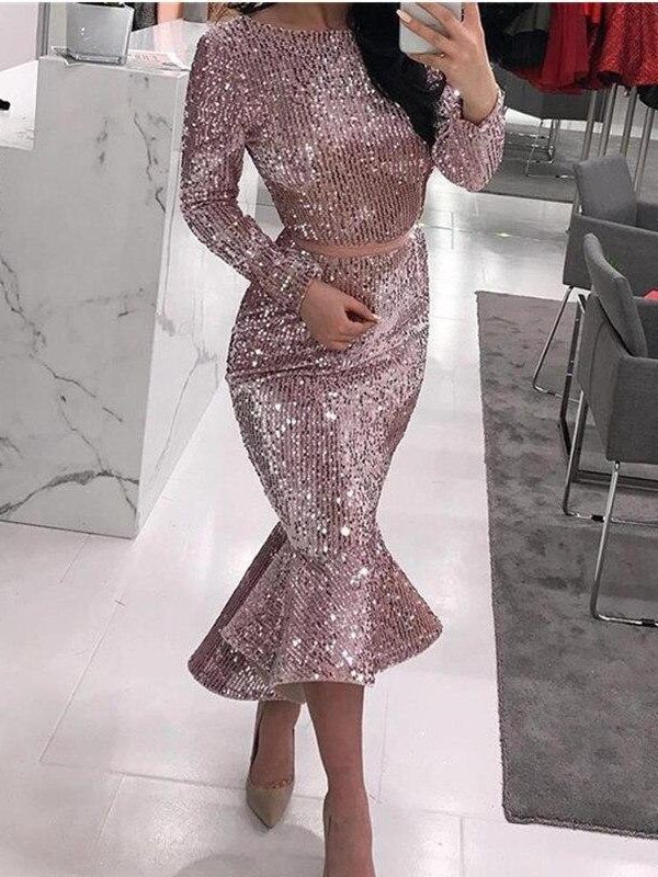 Sexy Women Sequin Party Evening Dress Trumpet Mermaid Dress Knee Length Party Dress Long Sleeve O-neck Bodycon Vestidos - Takalr