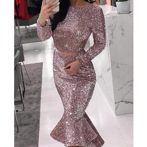 Sexy Women Sequin Party Evening Dress Trumpet Mermaid Dress Knee Length Party Dress Long Sleeve O-neck Bodycon Vestidos - Takalr