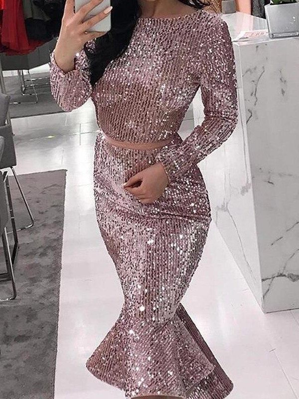 Sexy Women Sequin Party Evening Dress Trumpet Mermaid Dress Knee Length Party Dress Long Sleeve O-neck Bodycon Vestidos - Takalr