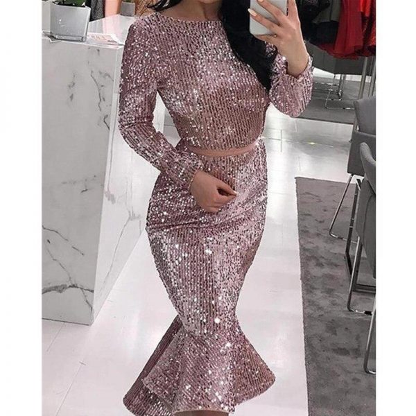 Sexy Women Sequin Party Evening Dress Trumpet Mermaid Dress Knee Length Party Dress Long Sleeve O-neck Bodycon Vestidos - Takalr