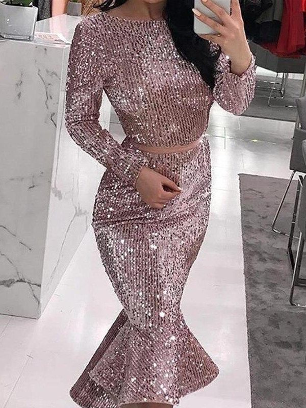 Sexy Women Sequin Party Evening Dress Trumpet Mermaid Dress Knee Length Party Dress Long Sleeve O-neck Bodycon Vestidos - Takalr