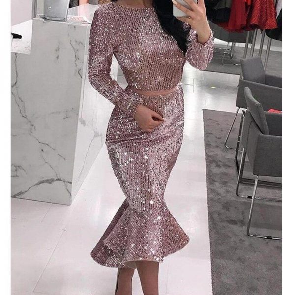 Sexy Women Sequin Party Evening Dress Trumpet Mermaid Dress Knee Length Party Dress Long Sleeve O-neck Bodycon Vestidos - Takalr