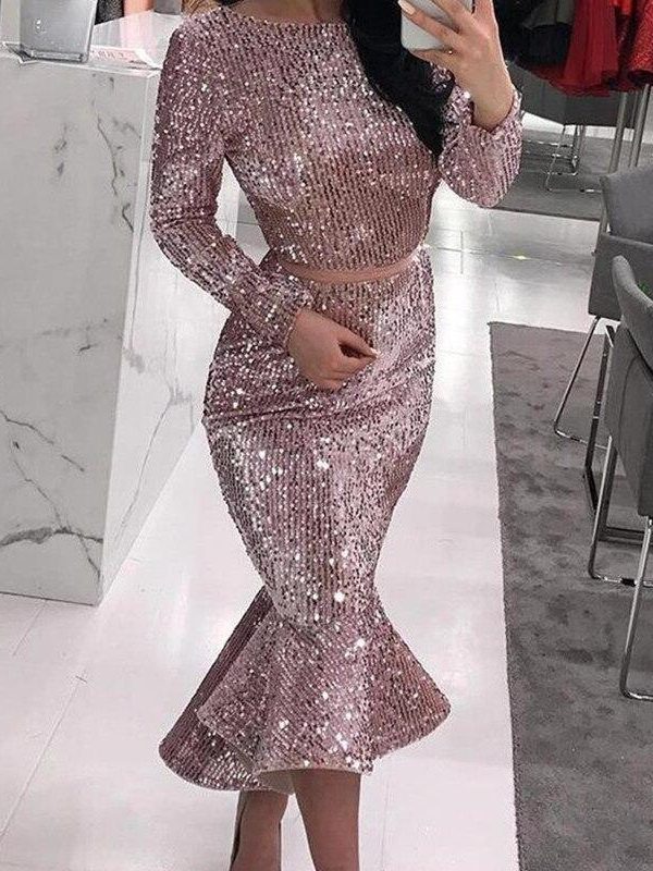 Sexy Women Sequin Party Evening Dress Trumpet Mermaid Dress Knee Length Party Dress Long Sleeve O-neck Bodycon Vestidos - Takalr