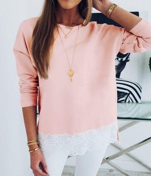 Sexy Women Tops and Shirt Solid Color Pink Deep V Back Lace Patckwork Long Sleeve Women Blouse Sexy Tops - Takalr