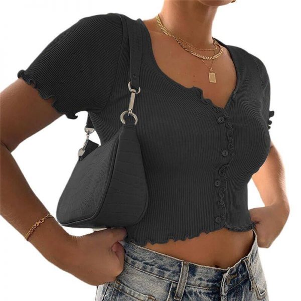 Sexy Women V-neck Short Sleeve Ruffle T-shirt Clubwear Buttons Bodycon Solid T-shirt Crop Tops Summer Outwear tee shirt femme - Takalr