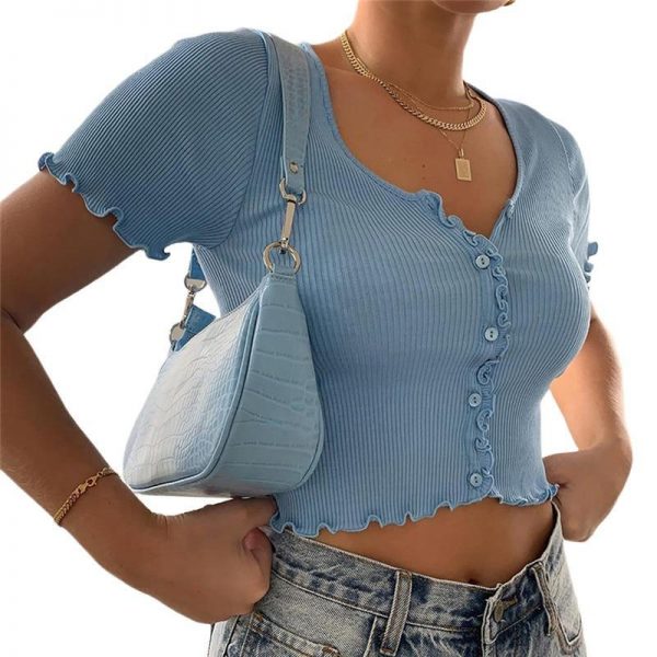 Sexy Women V-neck Short Sleeve Ruffle T-shirt Clubwear Buttons Bodycon Solid T-shirt Crop Tops Summer Outwear tee shirt femme - Takalr