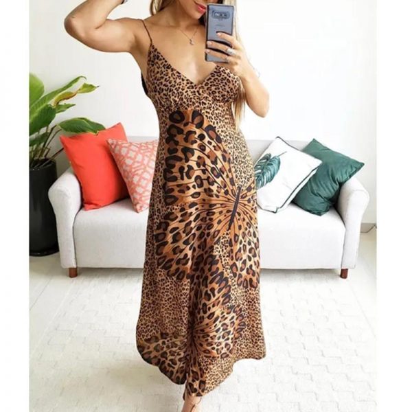 Butterfly leopard print long dress Women spaghetti strap summer dress Casual beach a line dresses robe femme - Takalr