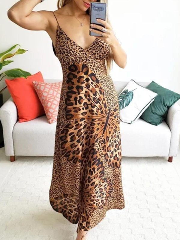 Butterfly leopard print long dress Women spaghetti strap summer dress Casual beach a line dresses robe femme - Takalr