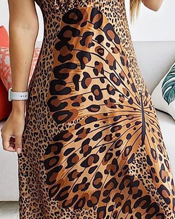 Butterfly leopard print long dress Women spaghetti strap summer dress Casual beach a line dresses robe femme - Takalr