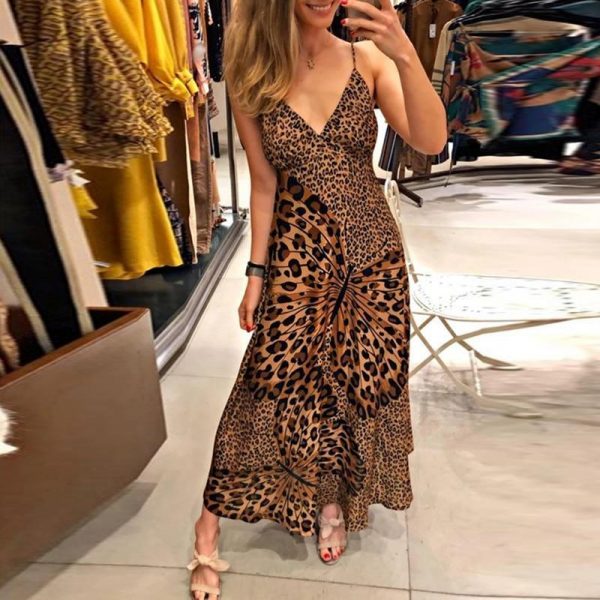 Butterfly leopard print long dress Women spaghetti strap summer dress Casual beach a line dresses robe femme - Takalr