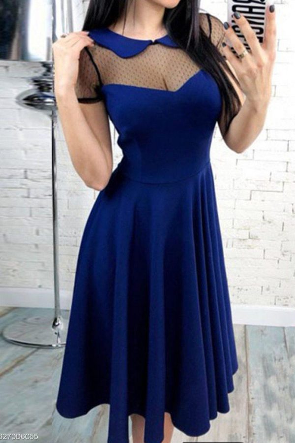 Sexy mesh sheer neck women dress Summer 2019 Solid color a line pleated dress Elegant midi party dresses female vestidos 2019 - Takalr