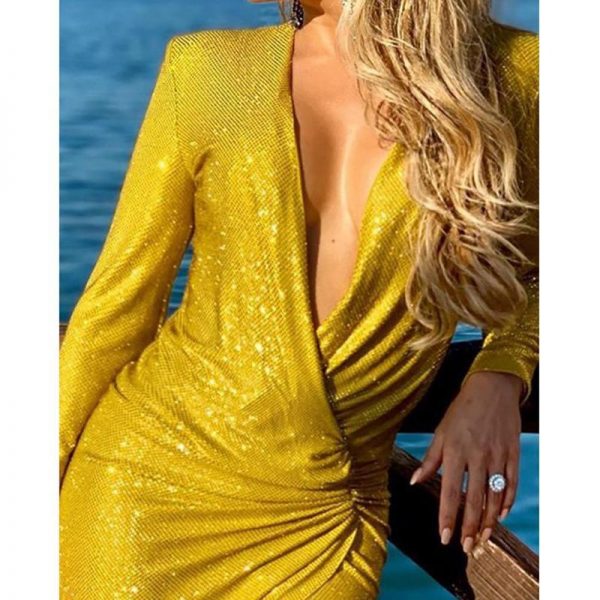 V neck long sleeve dress women Side split glittering maxi dress Autumn 2019 Ruched design party dresses robe femme - Takalr