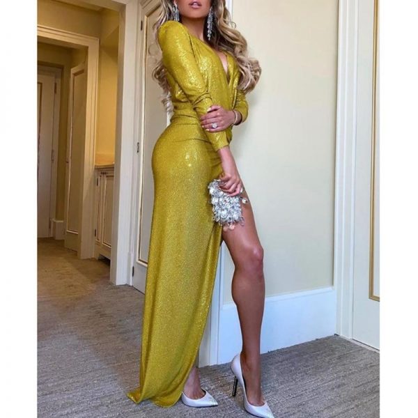 V neck long sleeve dress women Side split glittering maxi dress Autumn 2019 Ruched design party dresses robe femme - Takalr