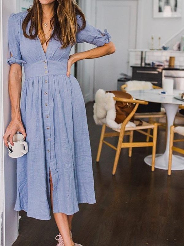 V neck plunge women dress Side slit button up summer dress Fashion bohemian dress midi vestidos mujer - Takalr