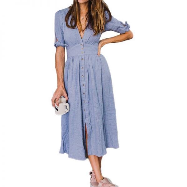 V neck plunge women dress Side slit button up summer dress Fashion bohemian dress midi vestidos mujer - Takalr