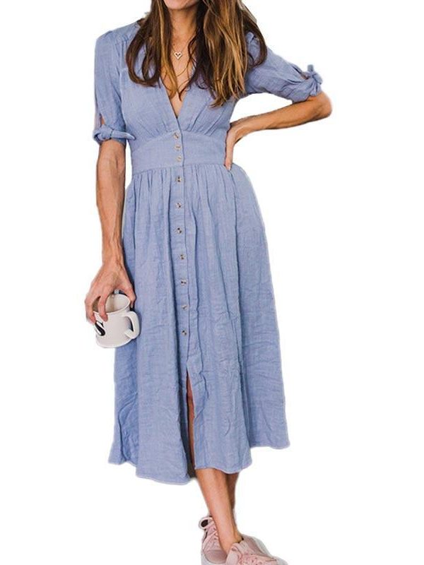 V neck plunge women dress Side slit button up summer dress Fashion bohemian dress midi vestidos mujer - Takalr