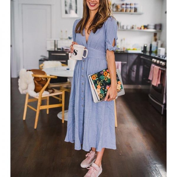 V neck plunge women dress Side slit button up summer dress Fashion bohemian dress midi vestidos mujer - Takalr