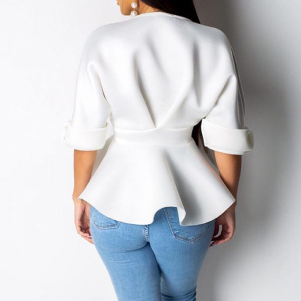 V neck ruffles blouse women Sashes bow waist peplum tops Elegant ladies half sleeve party top white black summer blouse - Takalr