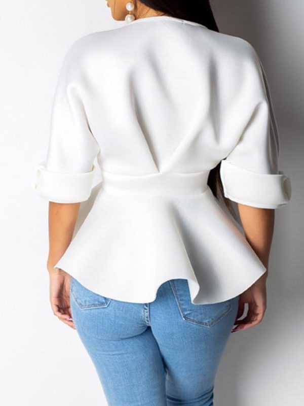 V neck ruffles blouse women Sashes bow waist peplum tops Elegant ladies half sleeve party top white black summer blouse - Takalr