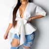 V neck ruffles blouse women Sashes bow waist peplum tops Elegant ladies half sleeve party top white black summer blouse - Takalr