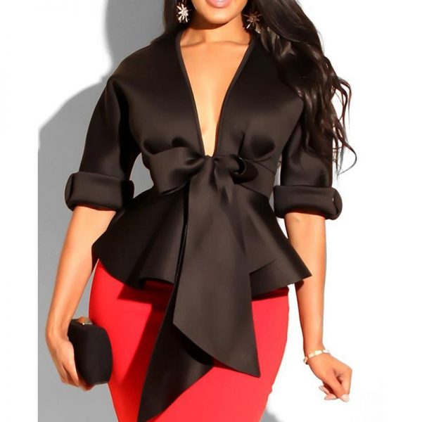 V neck ruffles blouse women Sashes bow waist peplum tops Elegant ladies half sleeve party top white black summer blouse - Takalr