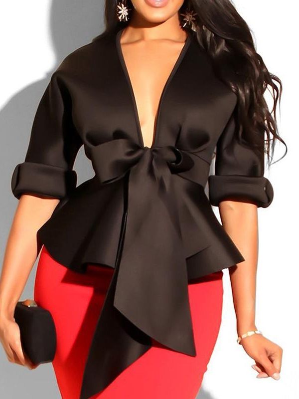 V neck ruffles blouse women Sashes bow waist peplum tops Elegant ladies half sleeve party top white black summer blouse - Takalr