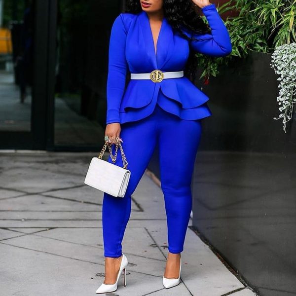 V neck ruffles tops skinny pants set Women two piece set Elegant office ladies workwear club outfits Casual tracksuit - Takalr