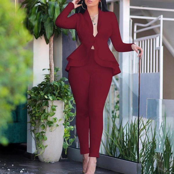 V neck ruffles tops skinny pants set Women two piece set Elegant office ladies workwear club outfits Casual tracksuit - Takalr