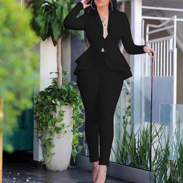 V neck ruffles tops skinny pants set Women two piece set Elegant office ladies workwear club outfits Casual tracksuit - Takalr