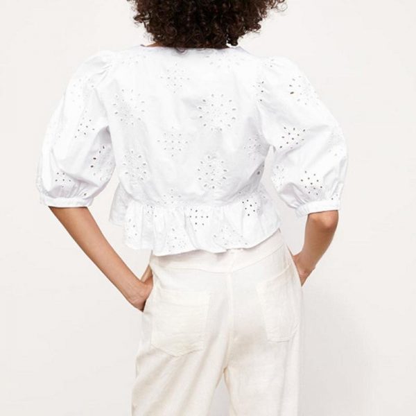 V neck summer blouse women Elegant ruffles high waist cotton shirt Hollow out white blouse ladies tops blusas feminina - Takalr