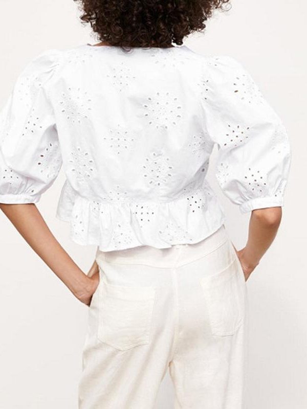 V neck summer blouse women Elegant ruffles high waist cotton shirt Hollow out white blouse ladies tops blusas feminina - Takalr