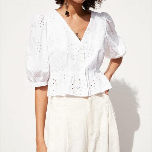 V neck summer blouse women Elegant ruffles high waist cotton shirt Hollow out white blouse ladies tops blusas feminina - Takalr