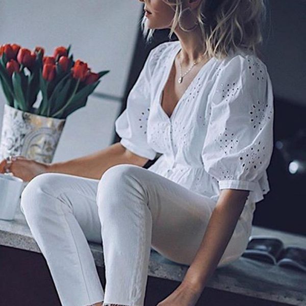 V neck summer blouse women Elegant ruffles high waist cotton shirt Hollow out white blouse ladies tops blusas feminina - Takalr