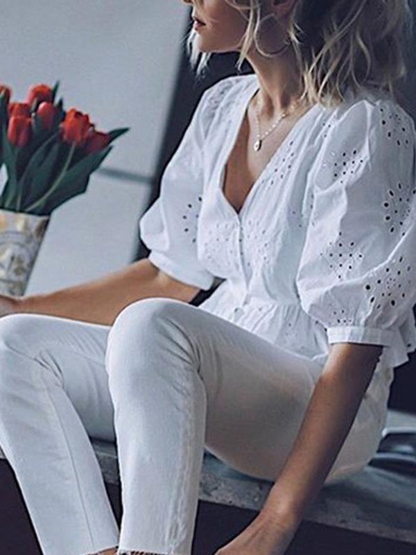 V neck summer blouse women Elegant ruffles high waist cotton shirt Hollow out white blouse ladies tops blusas feminina - Takalr