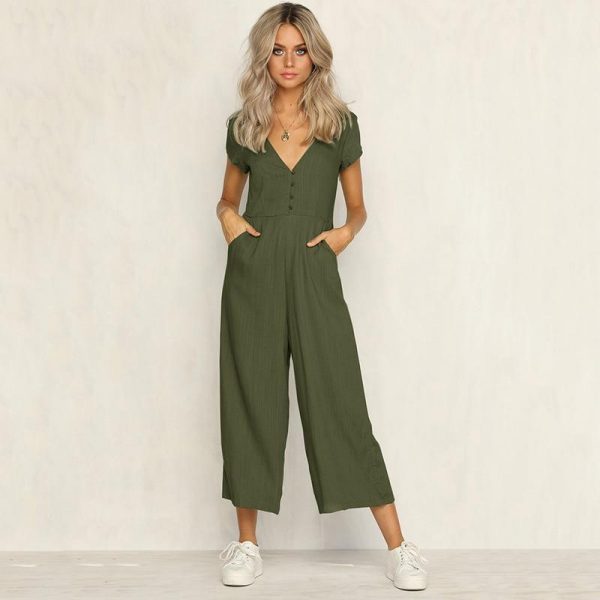 V neck wide leg jumpsuit for women Summer fashion short sleeve khaki rompers womens jumpsuit Causal loose overalls - Takalr