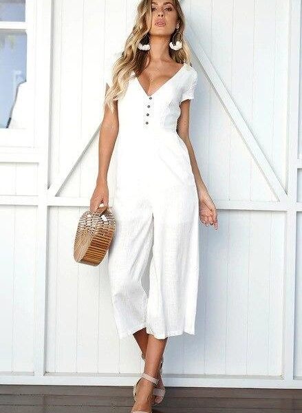 V neck wide leg jumpsuit for women Summer fashion short sleeve khaki rompers womens jumpsuit Causal loose overalls - Takalr