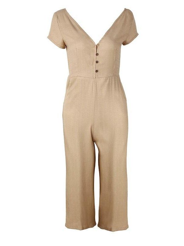 V neck wide leg jumpsuit for women Summer fashion short sleeve khaki rompers womens jumpsuit Causal loose overalls - Takalr