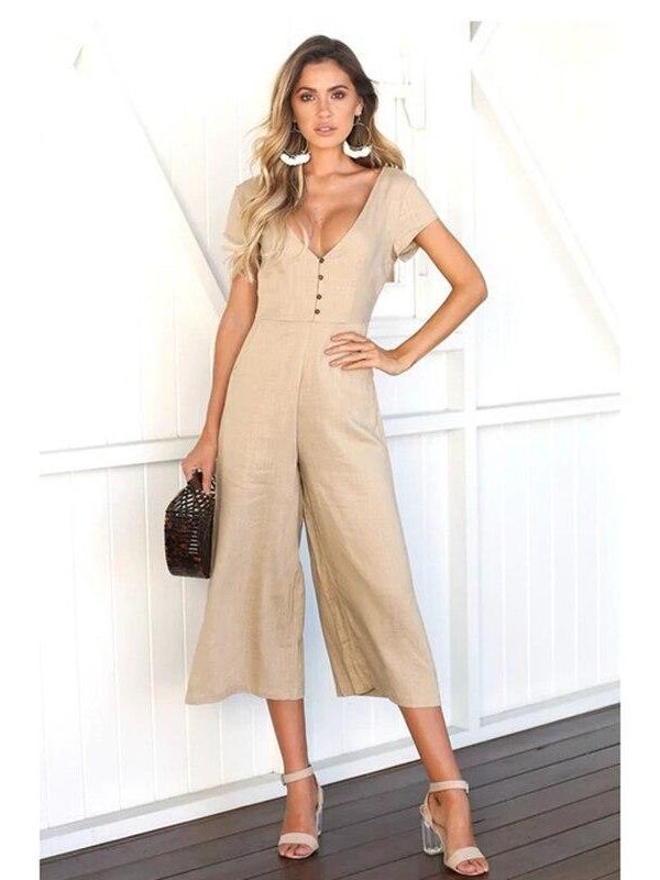 V neck wide leg jumpsuit for women Summer fashion short sleeve khaki rompers womens jumpsuit Causal loose overalls - Takalr