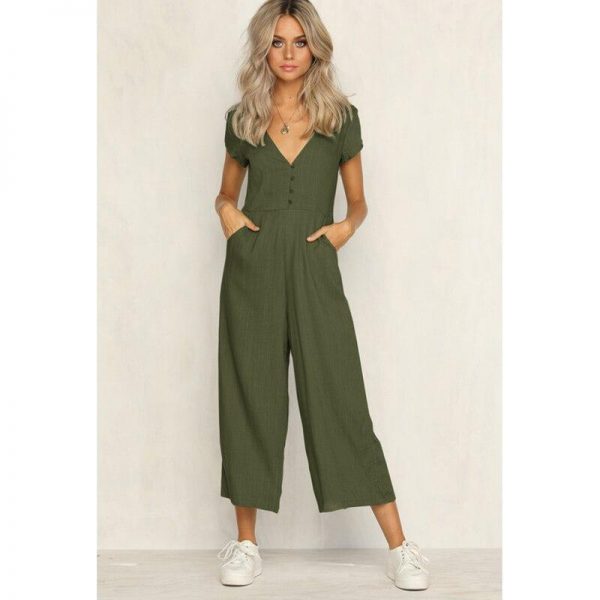 V neck wide leg jumpsuit for women Summer fashion short sleeve khaki rompers womens jumpsuit Causal loose overalls - Takalr