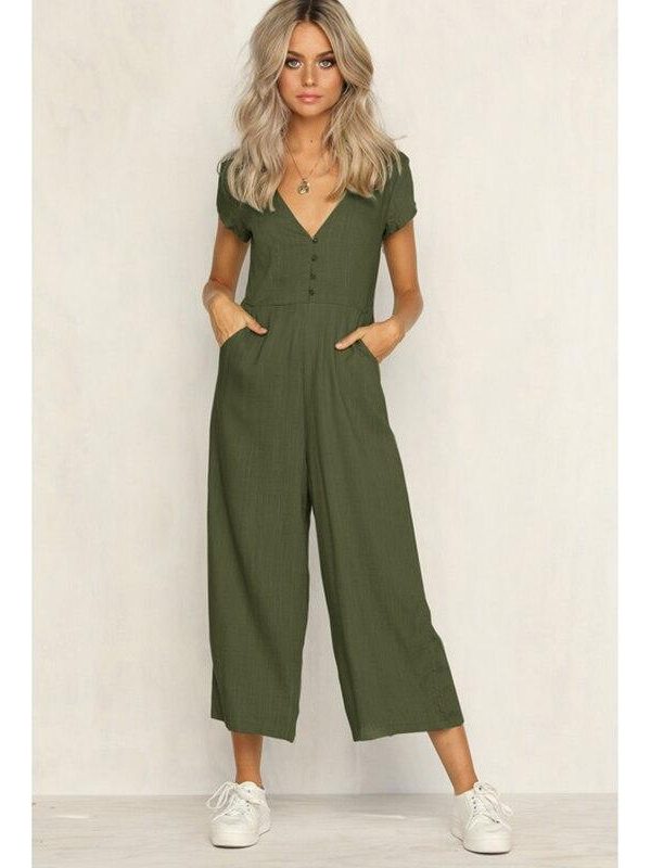 V neck wide leg jumpsuit for women Summer fashion short sleeve khaki rompers womens jumpsuit Causal loose overalls - Takalr