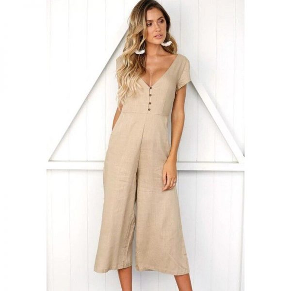 V neck wide leg jumpsuit for women Summer fashion short sleeve khaki rompers womens jumpsuit Causal loose overalls - Takalr