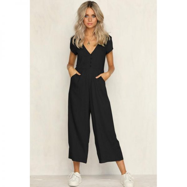 V neck wide leg jumpsuit for women Summer fashion short sleeve khaki rompers womens jumpsuit Causal loose overalls - Takalr